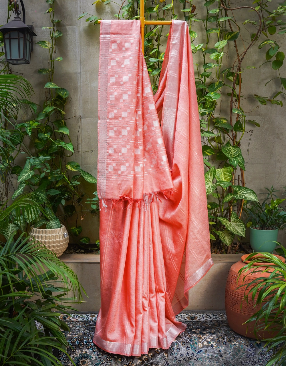 Coral Peach With Silver Zari Pure Cotton Silk Saree