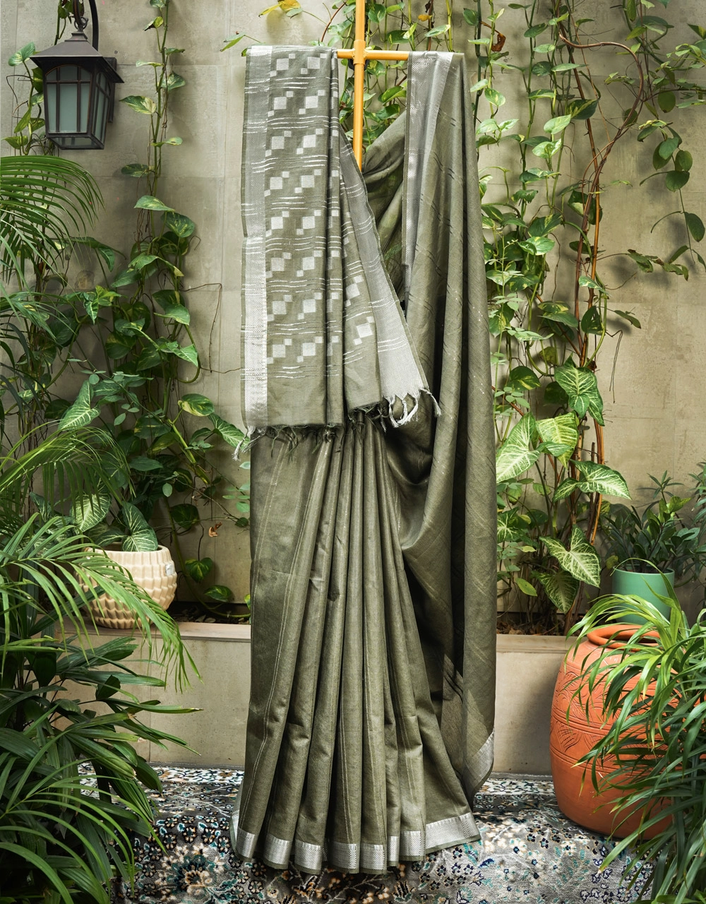 Green Pure Cotton Silk Saree With Silver Zari Checks
