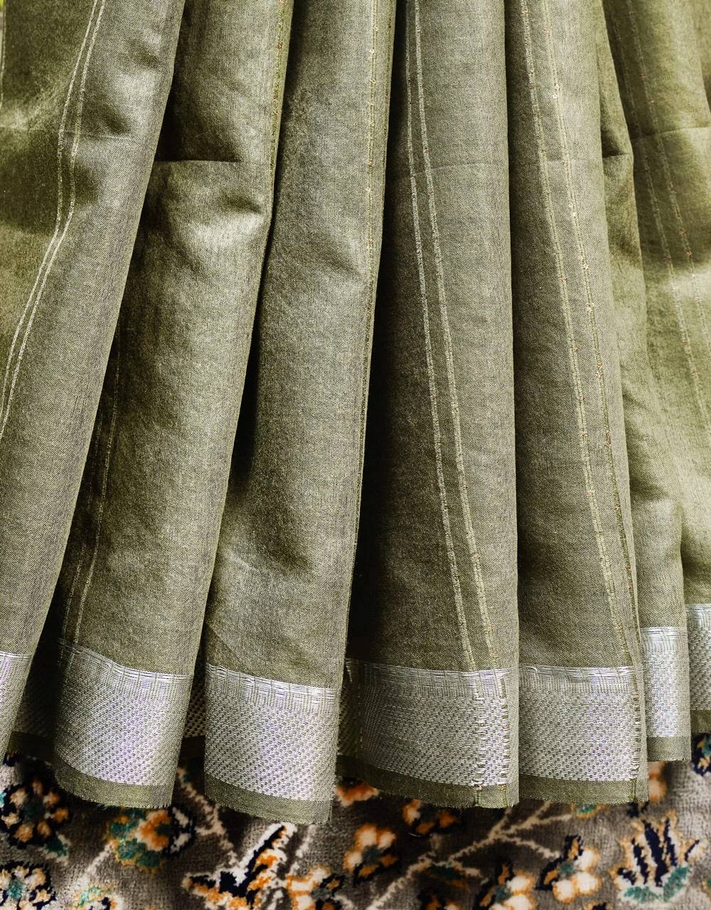 Green Pure Cotton Silk Saree With Silver Zari Checks - View 5