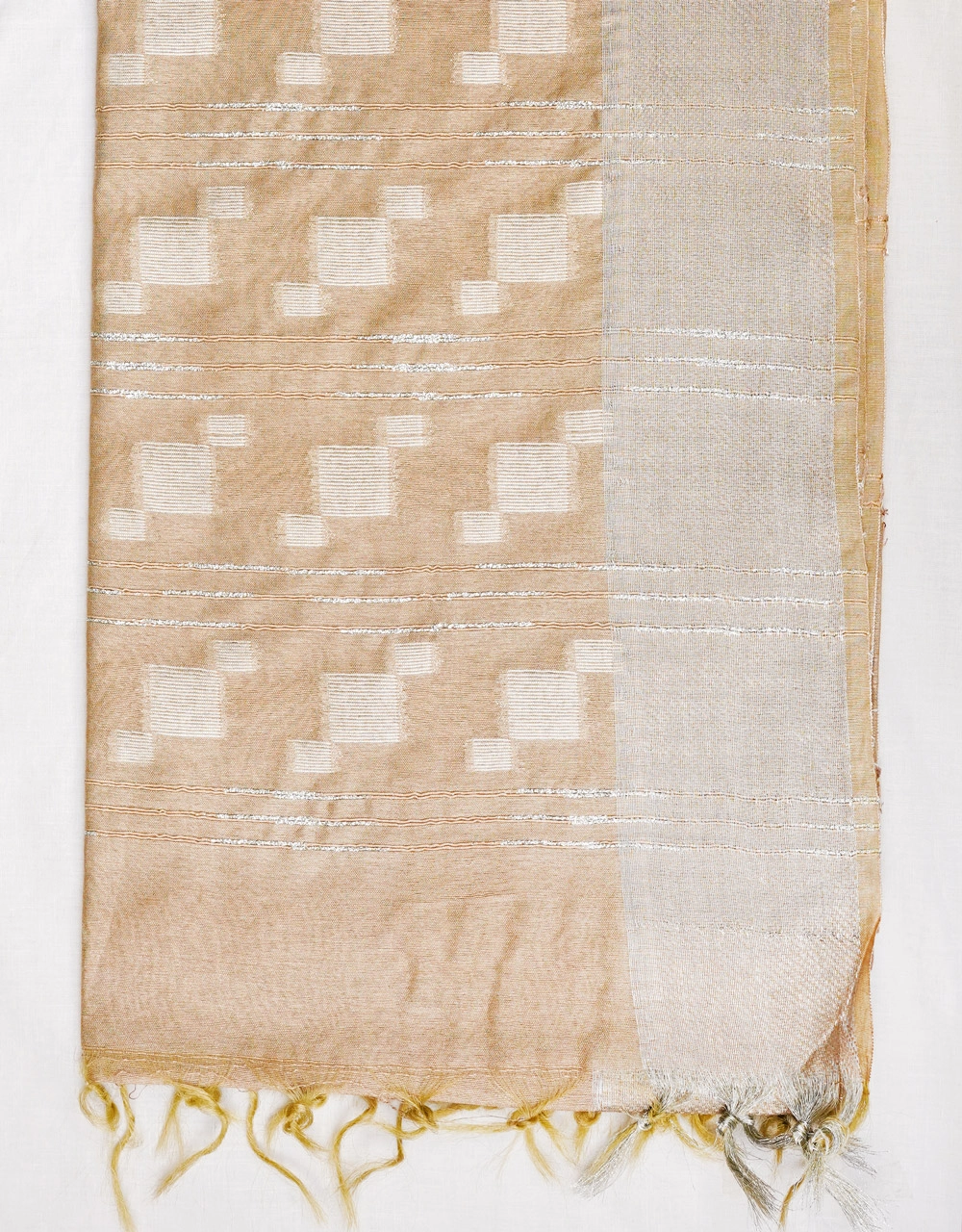 Beige Cotton Silk Saree With Silver Zari Border - View 4