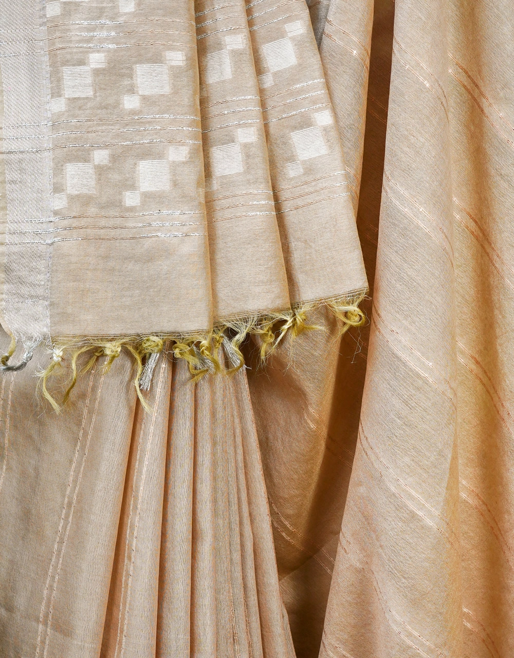 Beige Cotton Silk Saree With Silver Zari Border - View 5