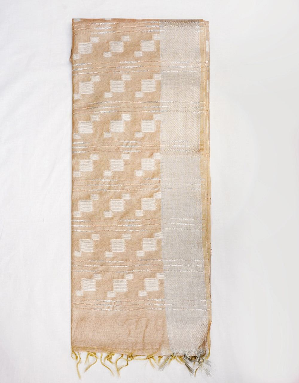 Beige Cotton Silk Saree With Silver Zari Border - View 3