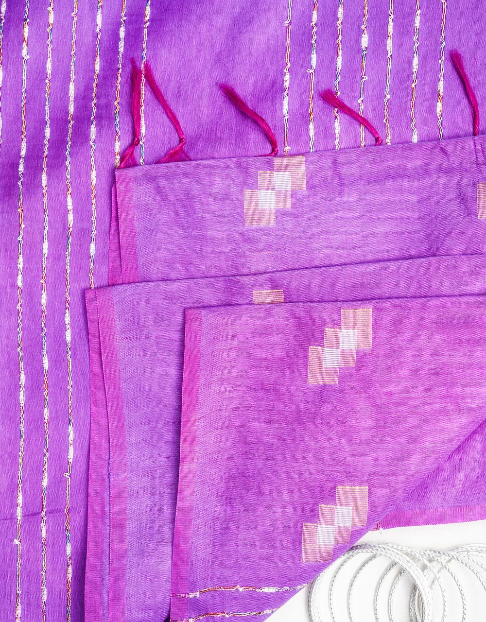Purple Royal Cotton Silk Saree With Silver Zari Stripes - View 3