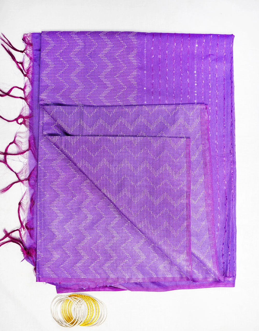 Hovered view of Purple Cotton Silk Saree With Silver Zari Stripes