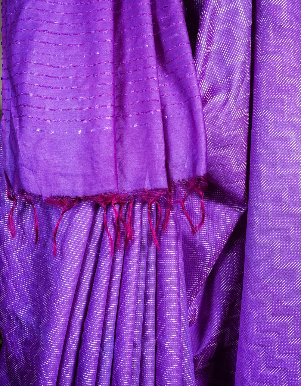 Purple Cotton Silk Saree With Silver Zari Stripes - View 4