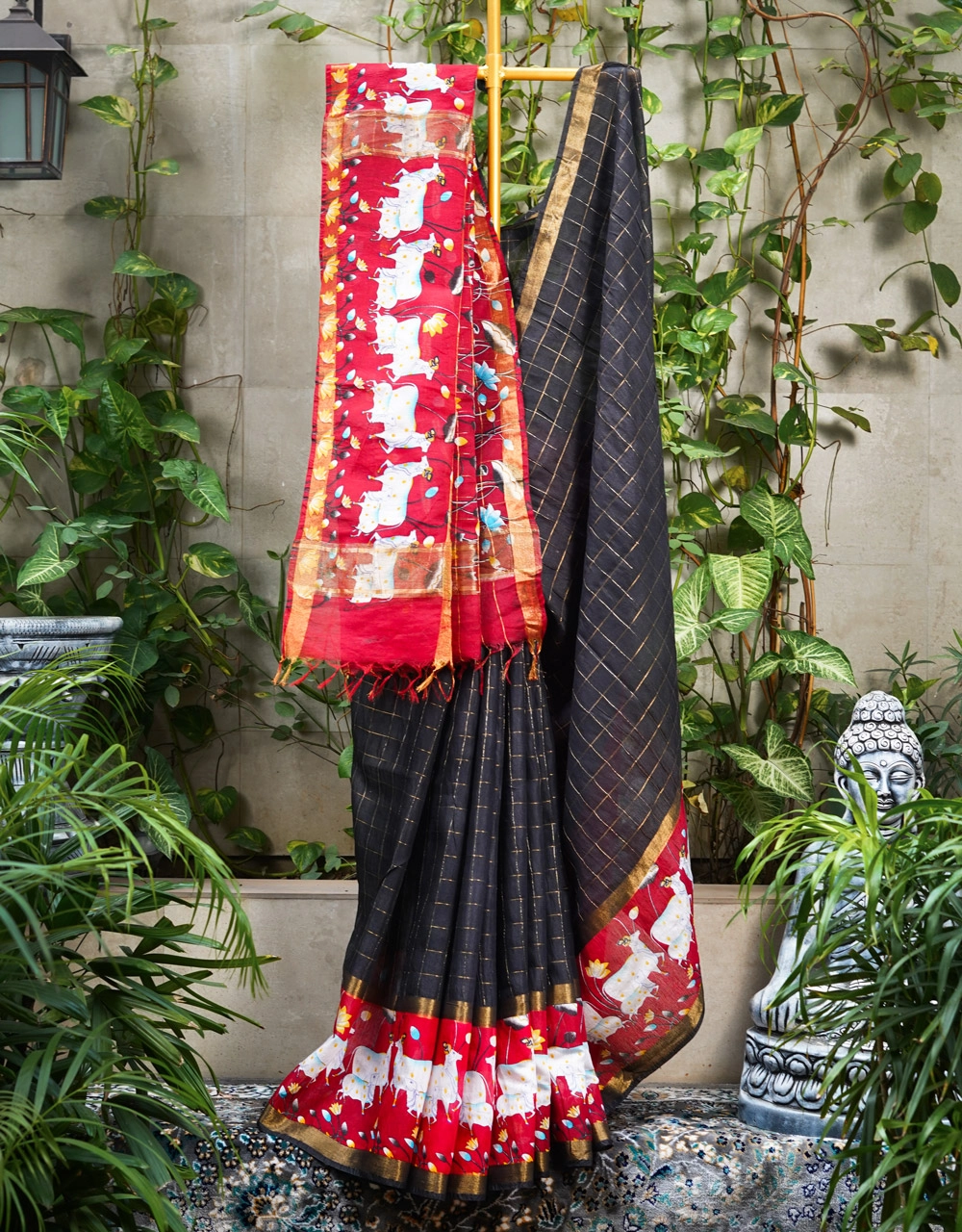 Black And Red Cotton Silk Saree With Folk Cow Motif