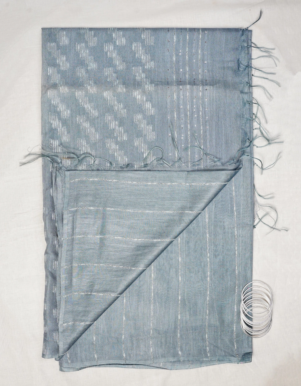 Hovered view of Blue Dusty Cotton Silk Saree With Silver Zari Stripes