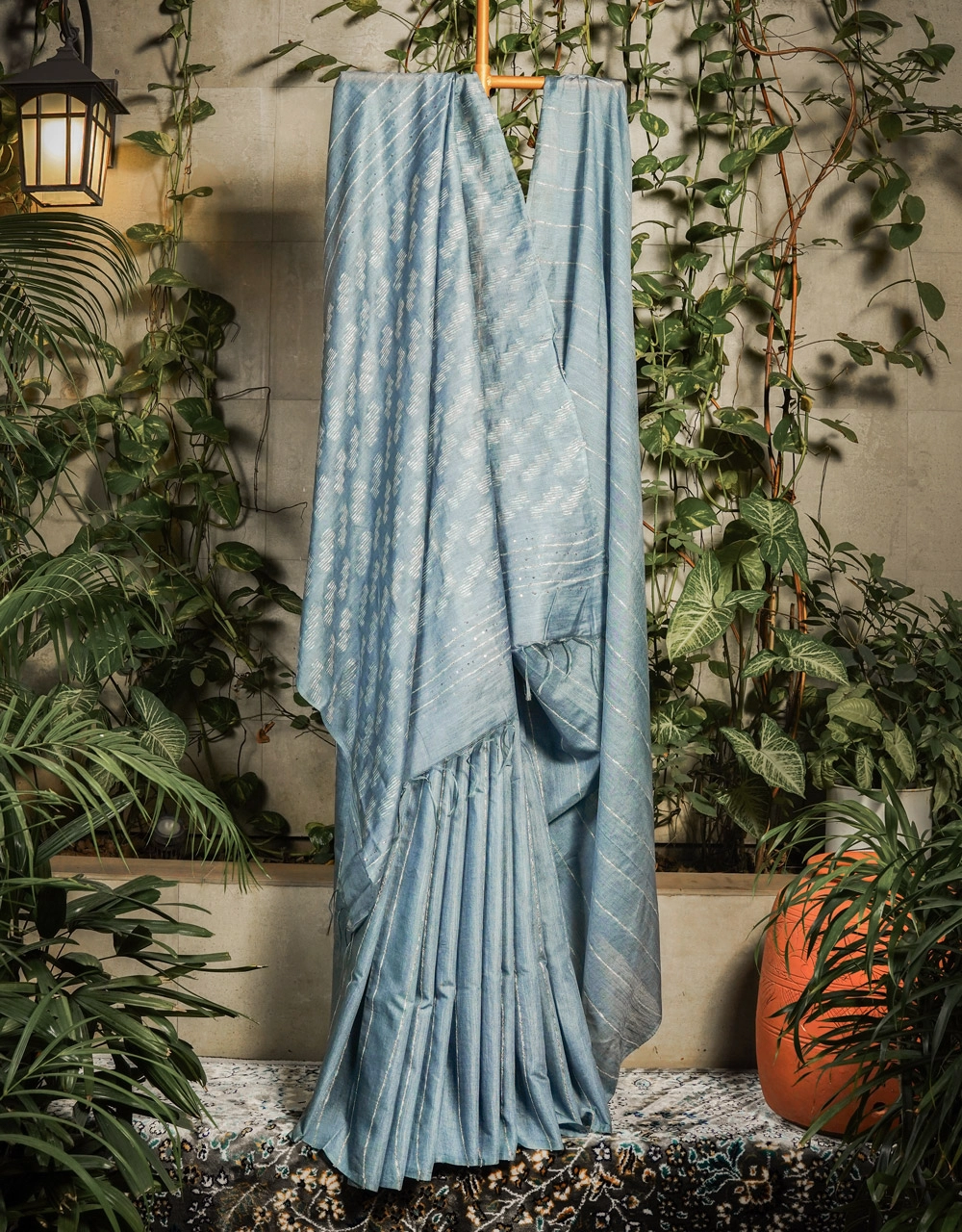Blue Dusty Cotton Silk Saree With Silver Zari Stripes