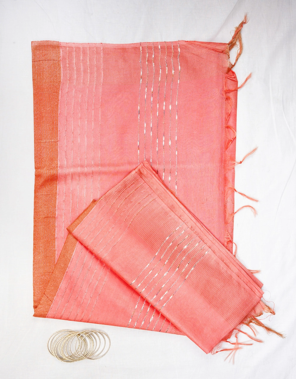 Hovered view of Peach Orange Cotton Silk Saree