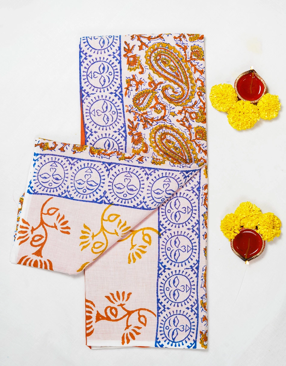 Hovered view of White And Bright Orange Cotton Printed Saree With Blue Kalamkari Motifs