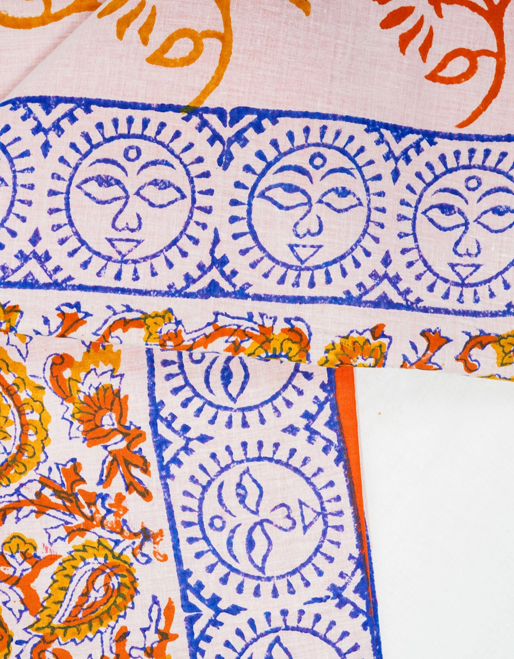White And Bright Orange Cotton Printed Saree With Blue Kalamkari Motifs - View 3