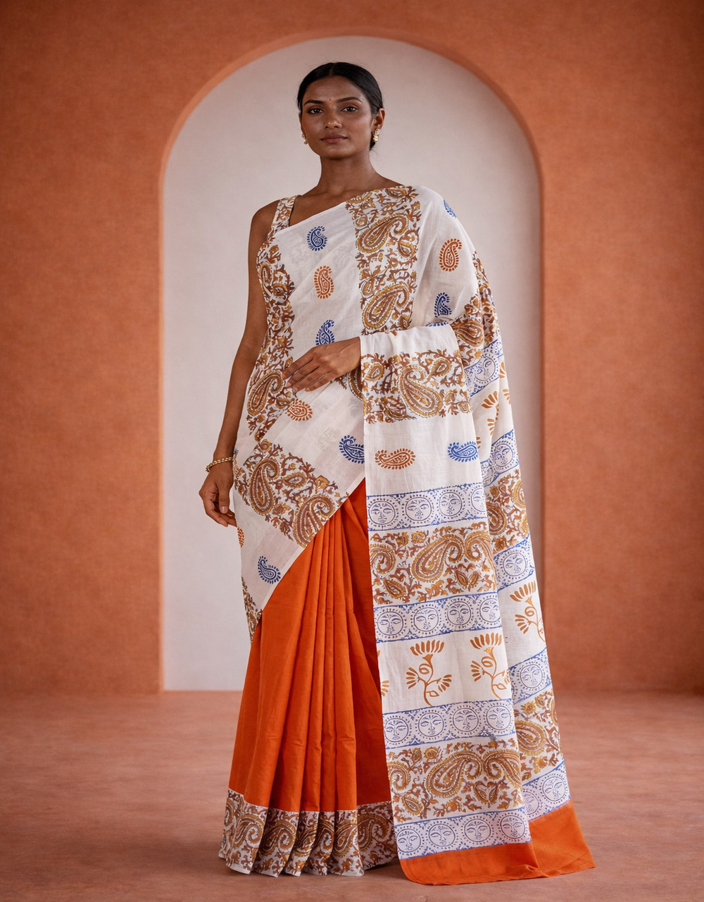 White And Bright Orange Cotton Printed Saree With Blue Kalamkari Motifs