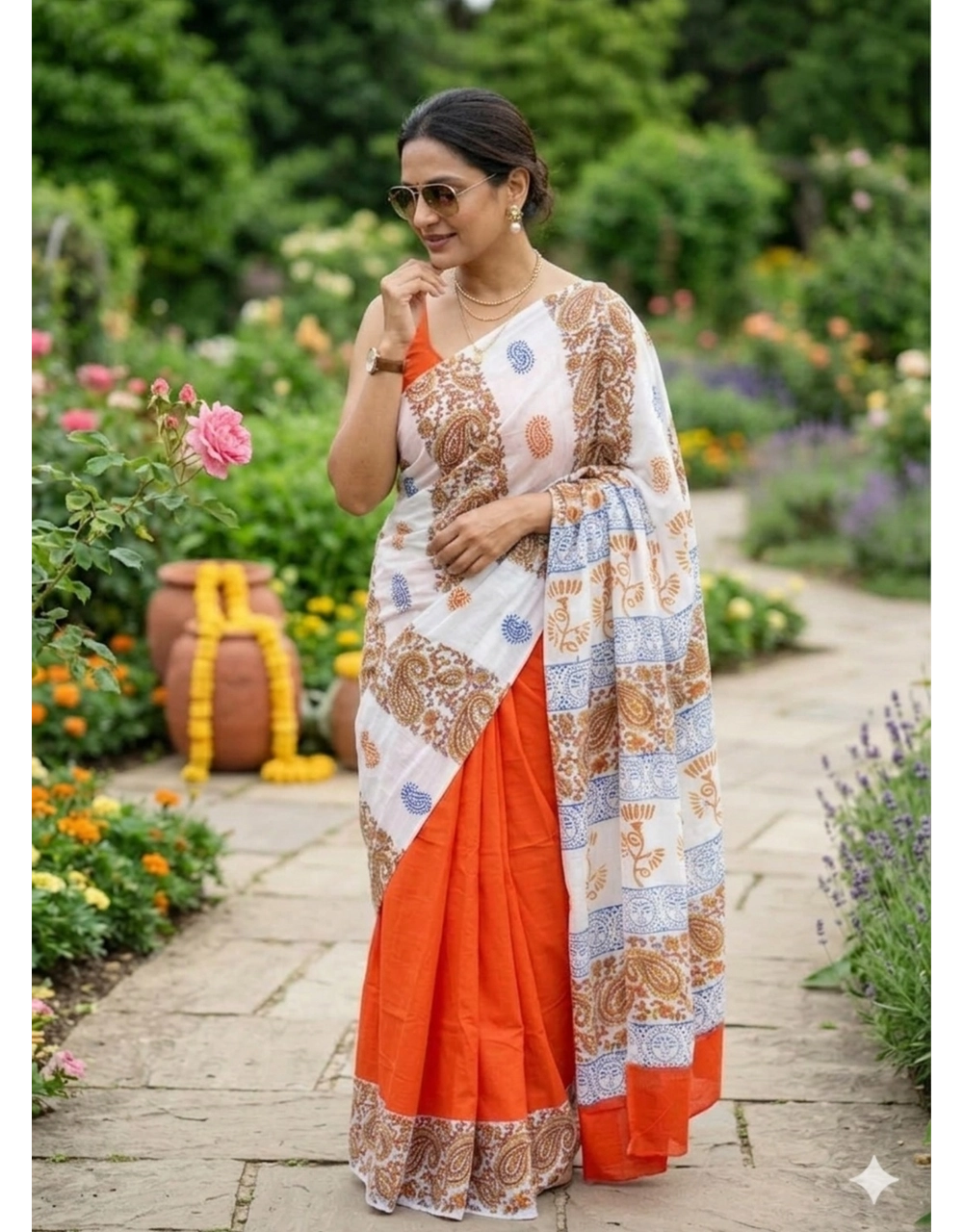White And Bright Orange Cotton Printed Saree With Blue Kalamkari Motifs