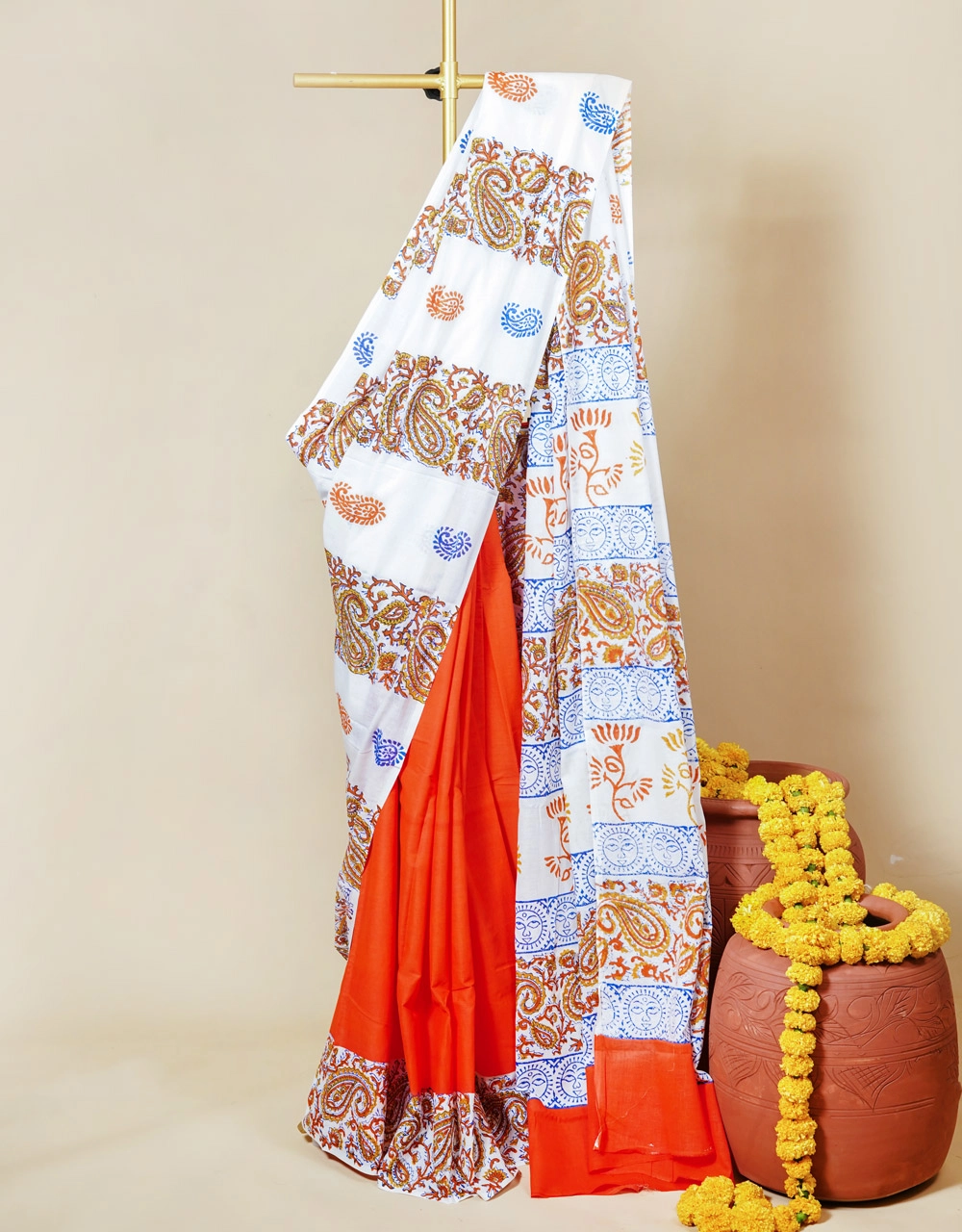 White And Bright Orange Cotton Printed Saree With Blue Kalamkari Motifs