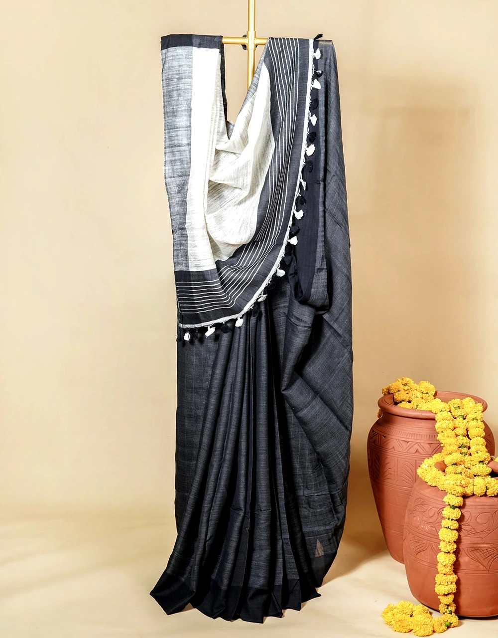 Black Charcoal Ivory Tasar Cotton Silk Saree With Ghicha Pallu