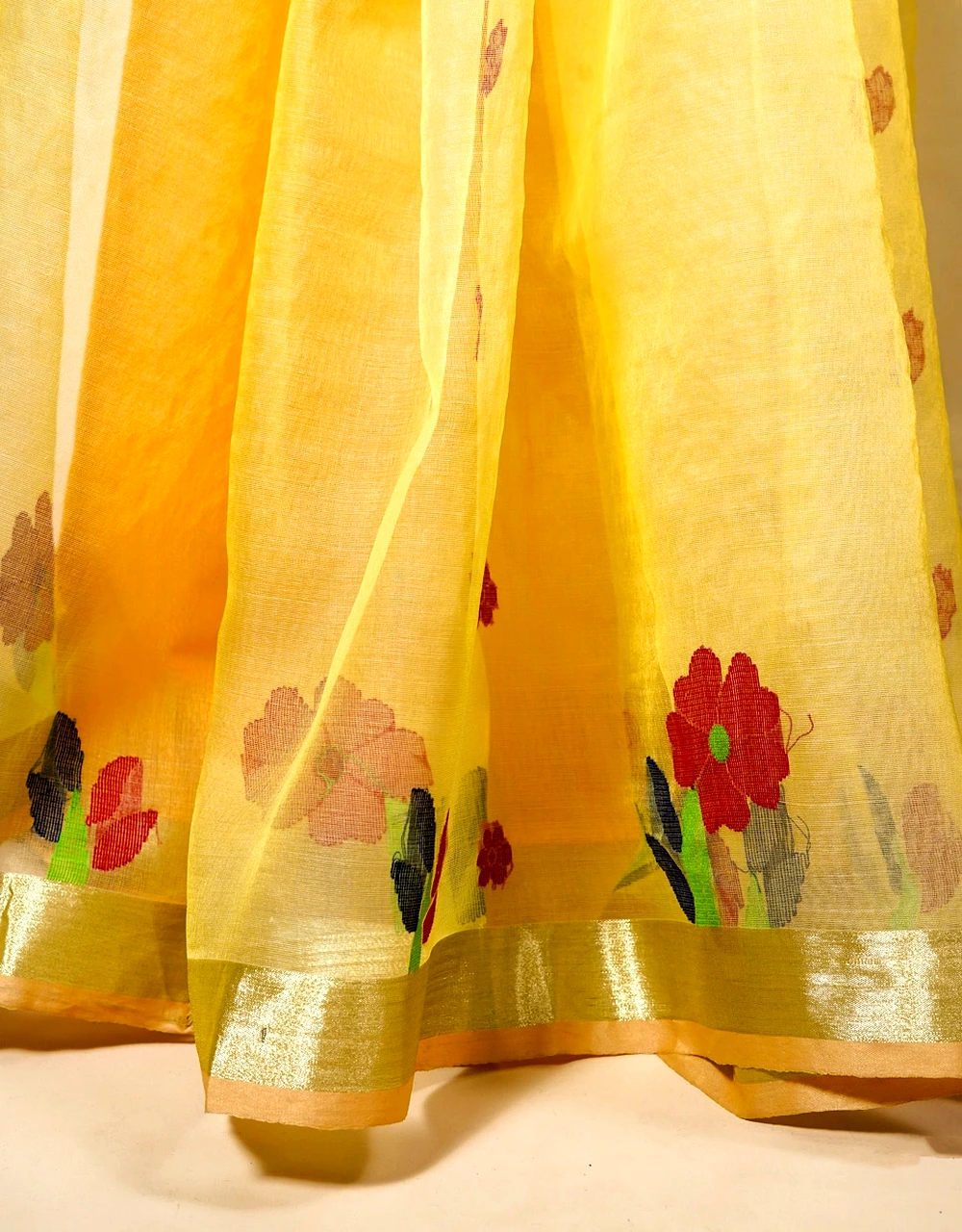 Yellow Floral Pure Resham Muslin Handloom Saree - View 5