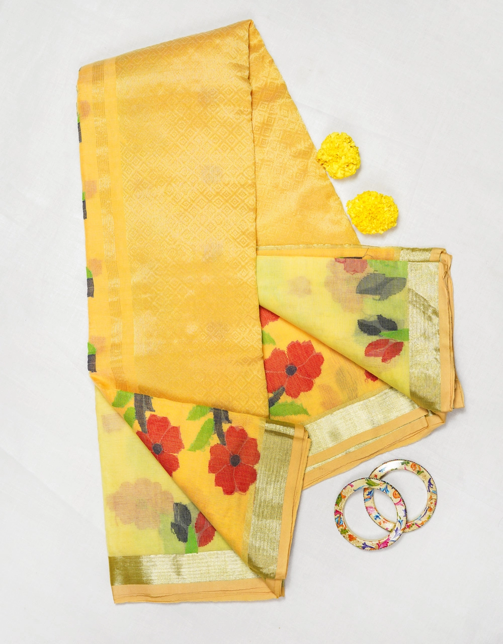 Hovered view of Yellow Floral Pure Resham Muslin Handloom Saree