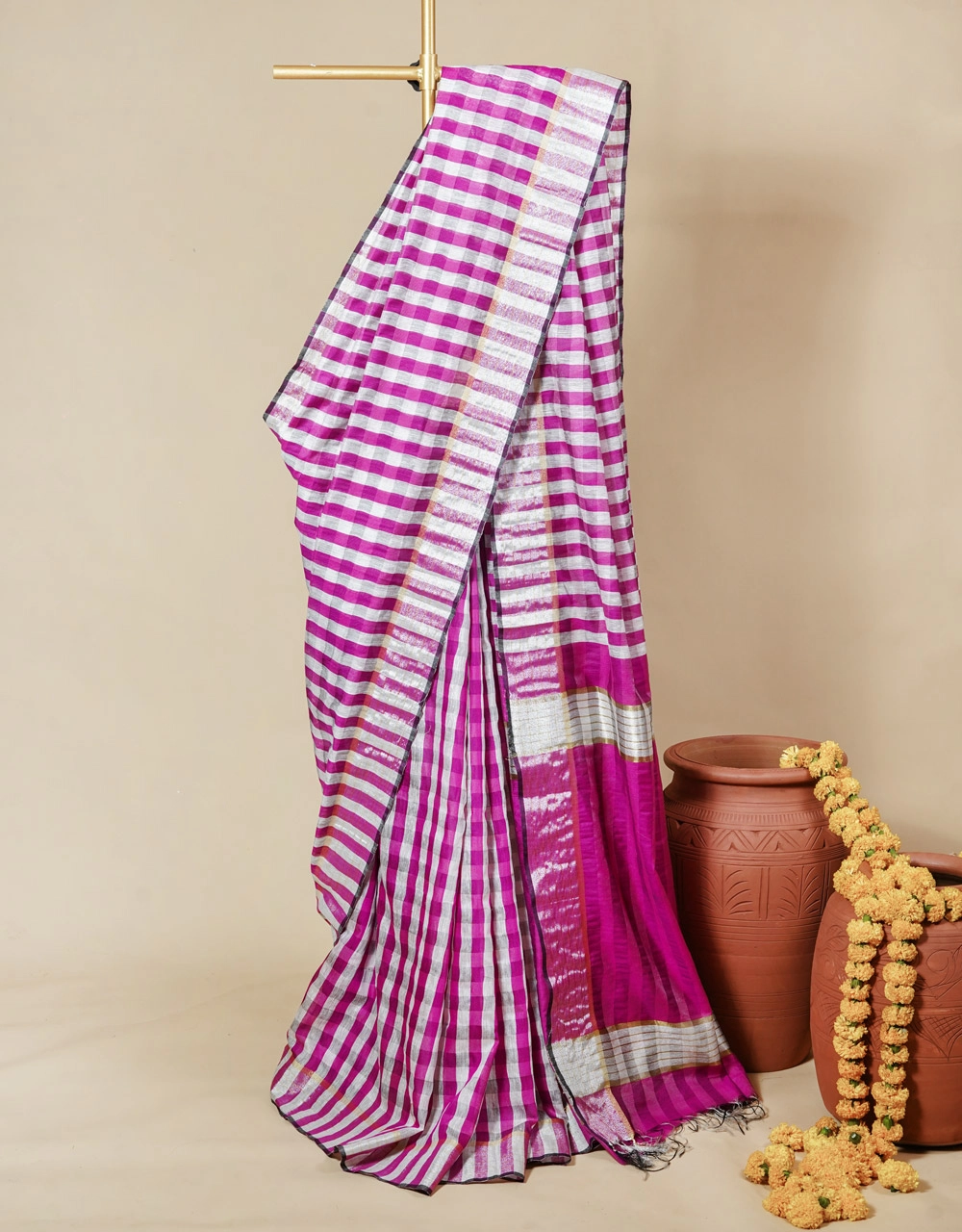 Magenta And Silver Checks Bengal Cotton Silk Saree