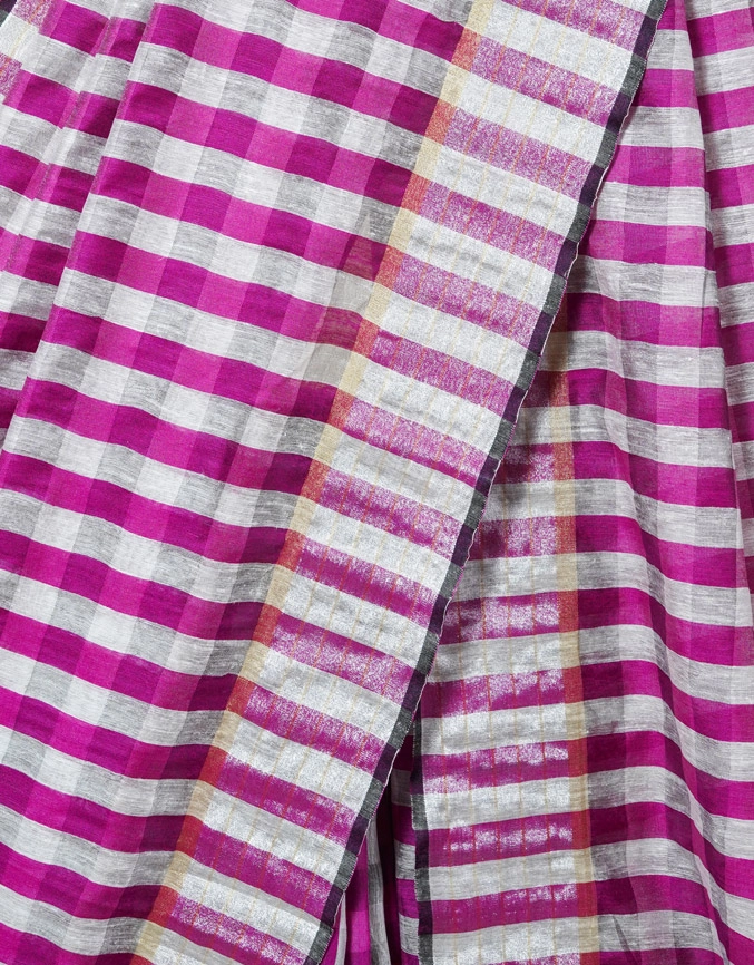 Magenta And Silver Checks Bengal Cotton Silk Saree - View 4