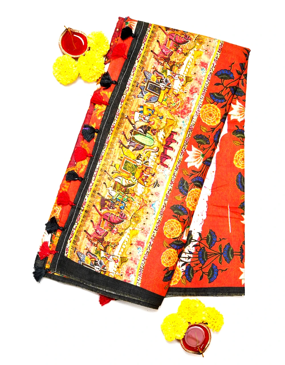 Hovered view of Orange Rust Digital Printed Linen Saree With Story Art Pallu