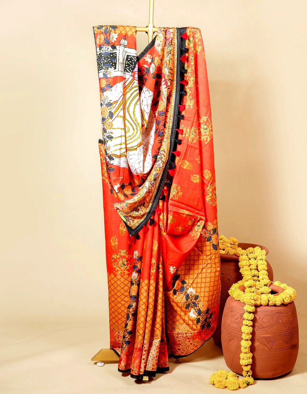 Orange Rust Digital Printed Linen Saree With Story Art Pallu