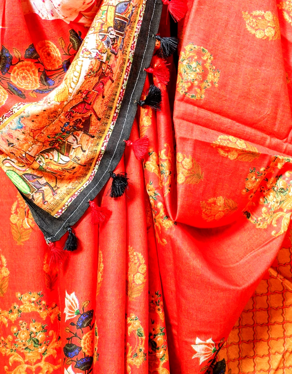 Orange Rust Digital Printed Linen Saree With Story Art Pallu - View 3
