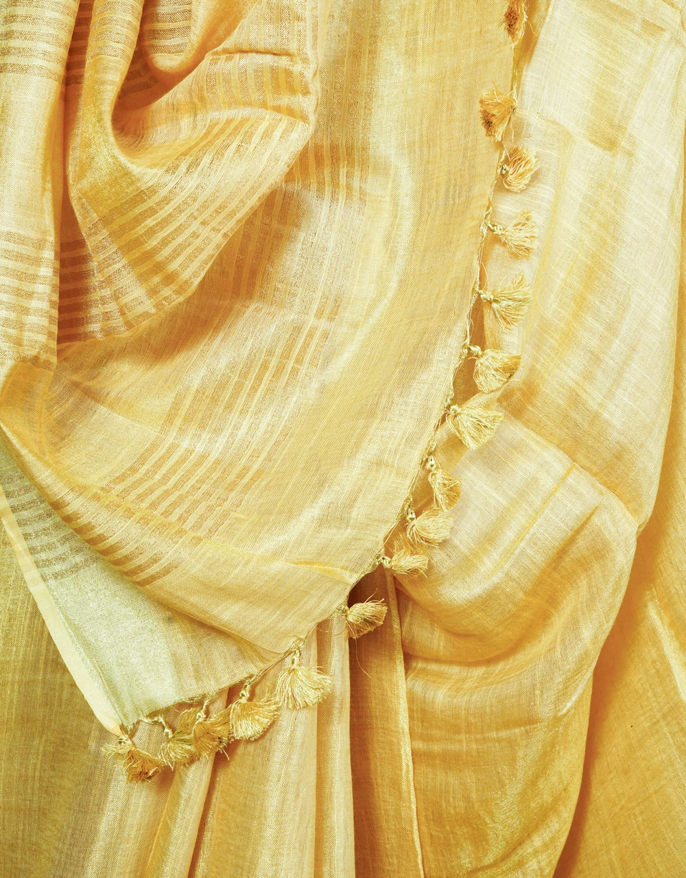Golden Yellow Tissue Linen Saree With Tassel Pallu - View 4