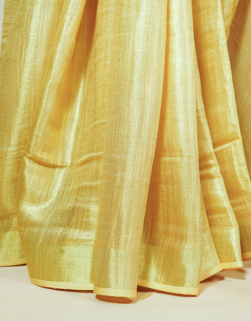 Golden Yellow Tissue Linen Saree With Tassel Pallu - View 5