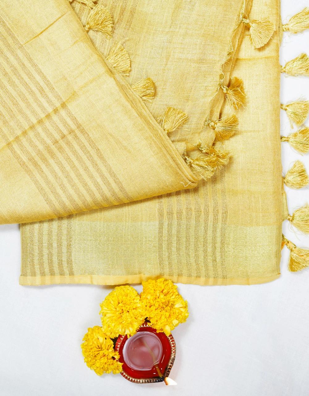 Golden Yellow Tissue Linen Saree With Tassel Pallu - View 3