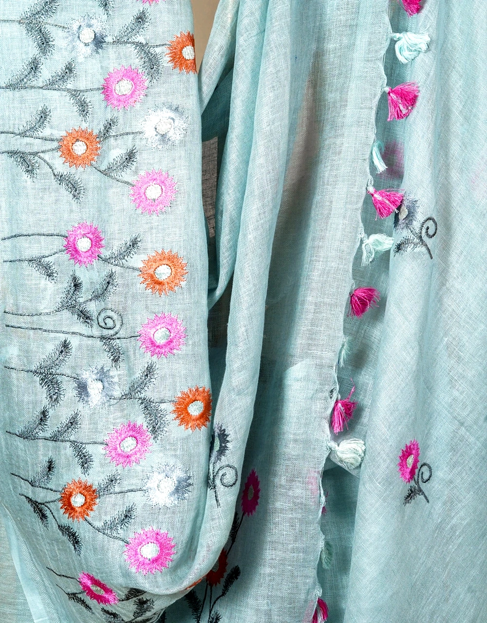 Blue Pastel Handcrafted Linen Embroidered Saree - View 4
