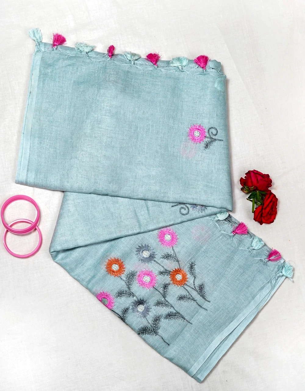 Blue Pastel Handcrafted Linen Embroidered Saree