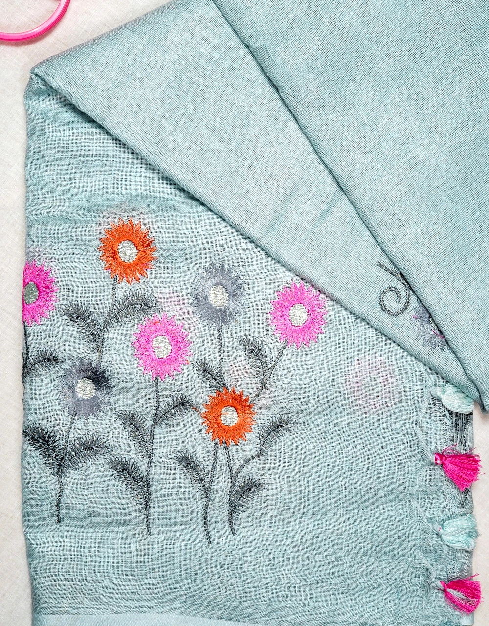 Blue Pastel Handcrafted Linen Embroidered Saree - View 3