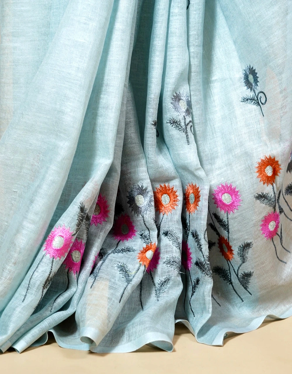 Blue Pastel Handcrafted Linen Embroidered Saree - View 5