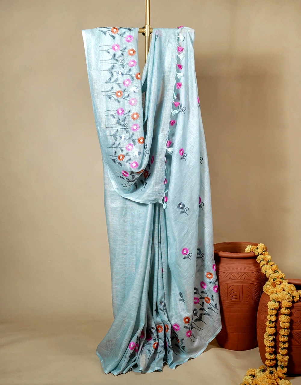 Blue Pastel Handcrafted Linen Embroidered Saree