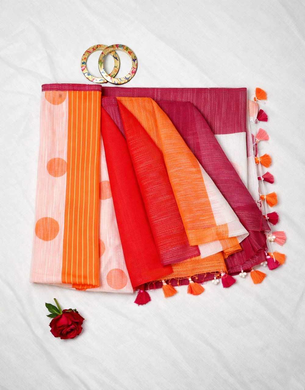 White And Orange Ball Butti Cotton Saree With Contrast Tassel Pallu - View 3