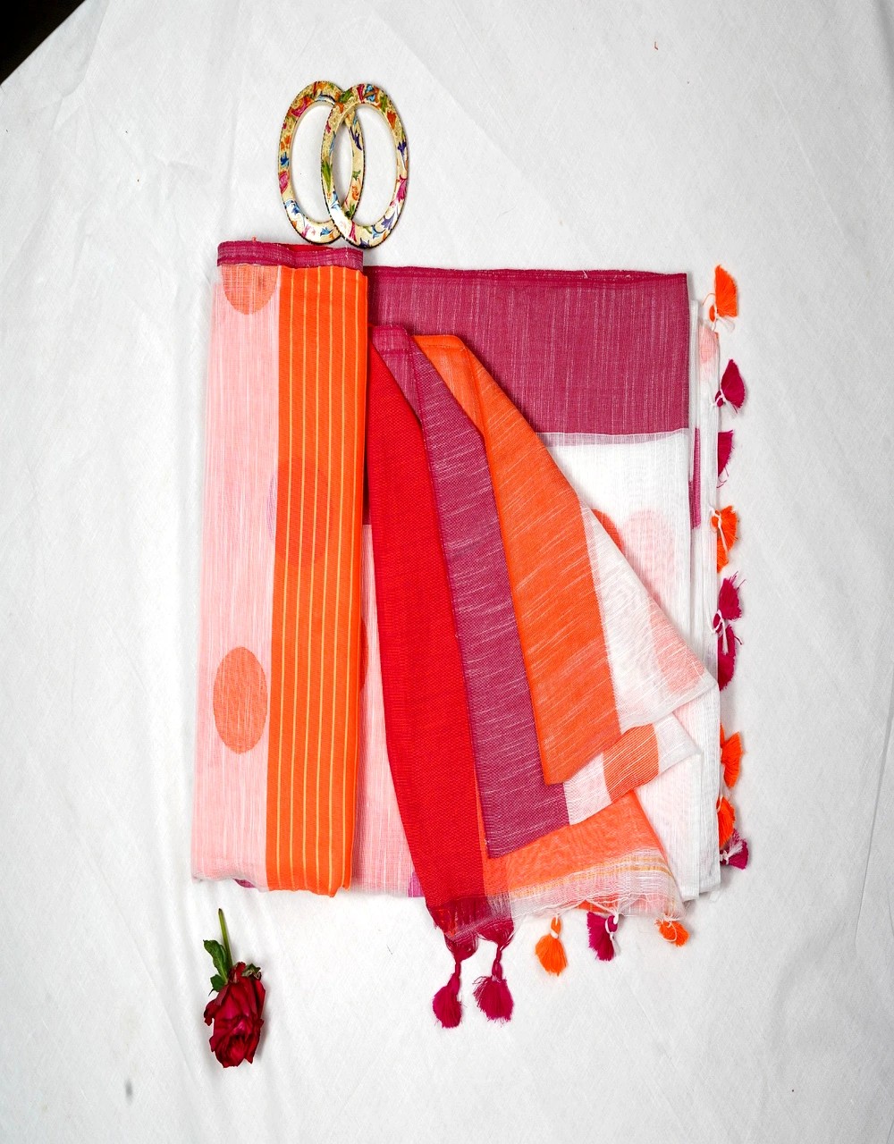 Hovered view of White And Orange Ball Butti Cotton Saree With Contrast Tassel Pallu