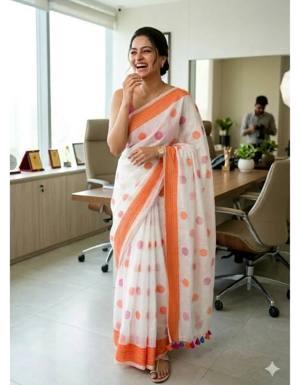 White And Orange Ball Butti Cotton Saree With Contrast Tassel Pallu