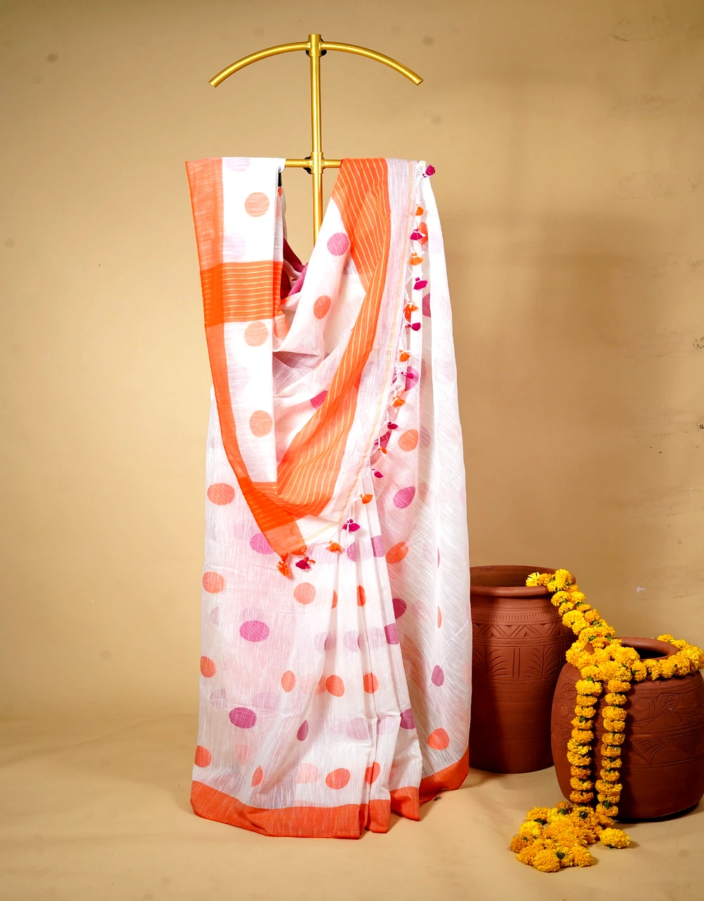 White And Orange Ball Butti Cotton Saree With Contrast Tassel Pallu