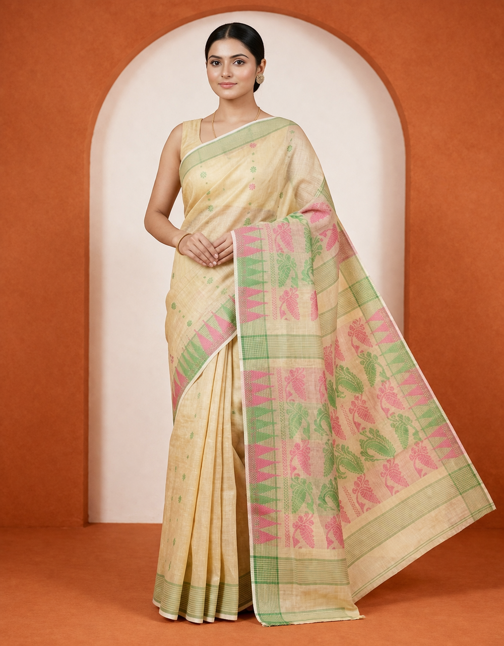 Cream Taat Cotton Saree With Traditional Motifs