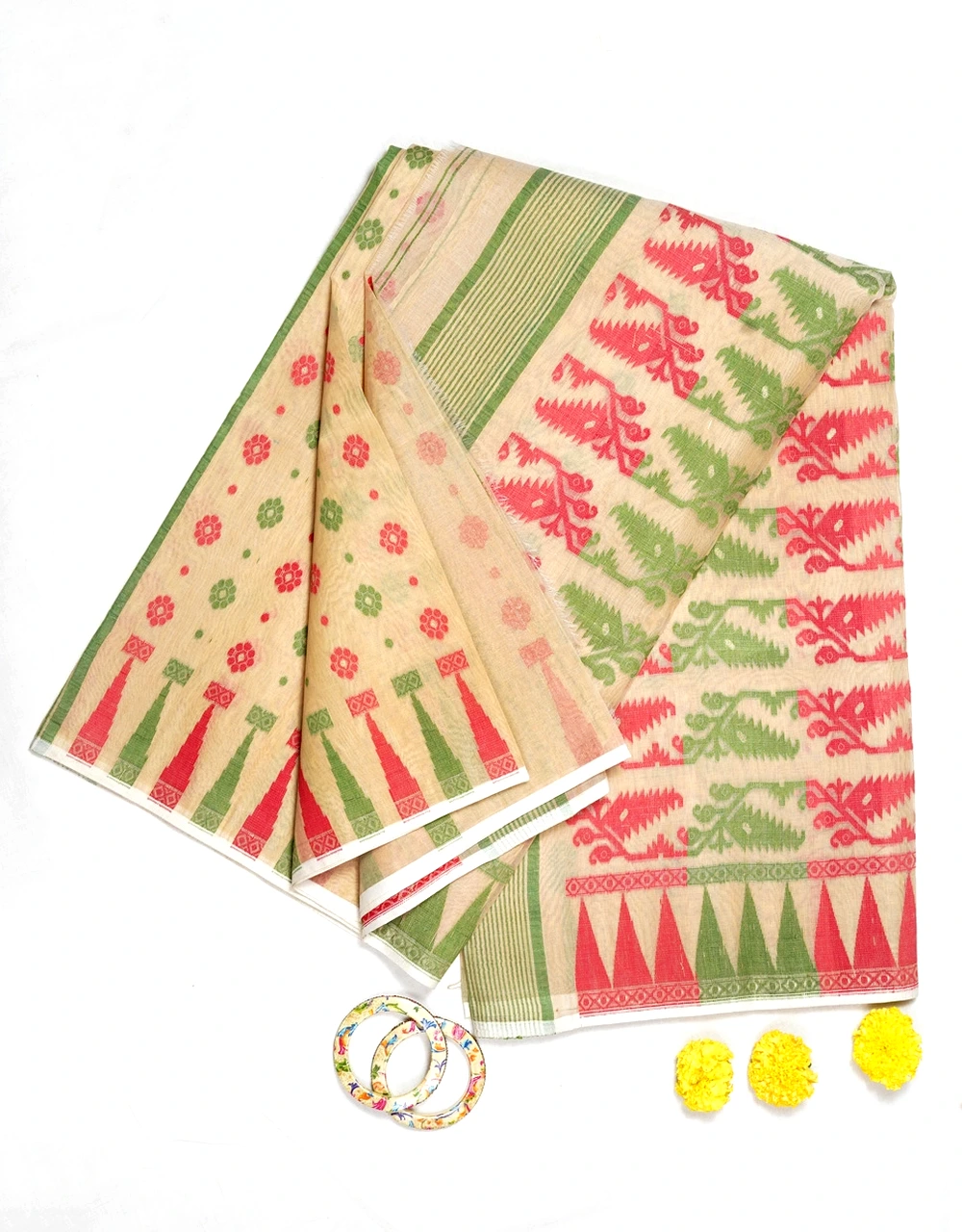 Hovered view of Cream Taat Cotton Saree With Traditional Motifs