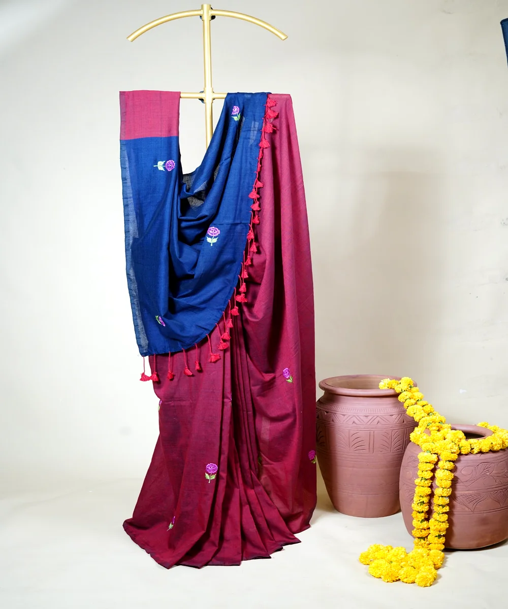 Maroon And Navy Blue Cotton Silk Saree With Floral Embroidery