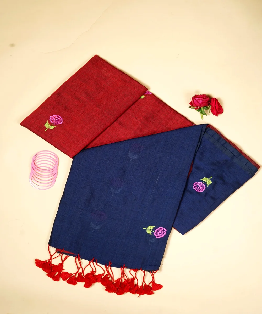 Hovered view of Maroon And Navy Blue Cotton Silk Saree With Floral Embroidery