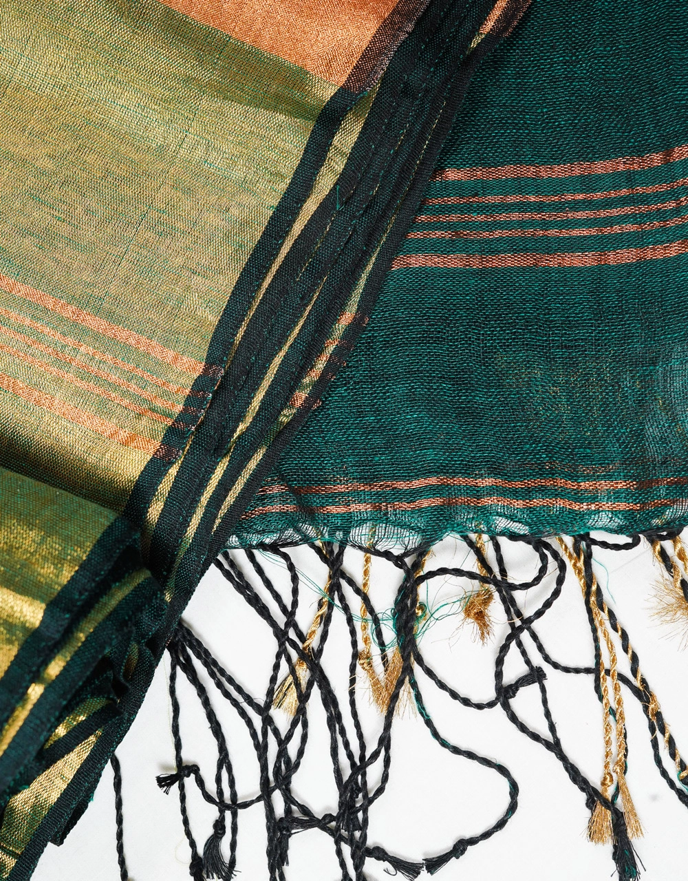 Green Teal Linen Saree With Handcrafted Tassels - View 3