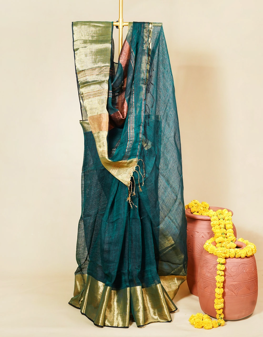 Green Teal Linen Saree With Handcrafted Tassels