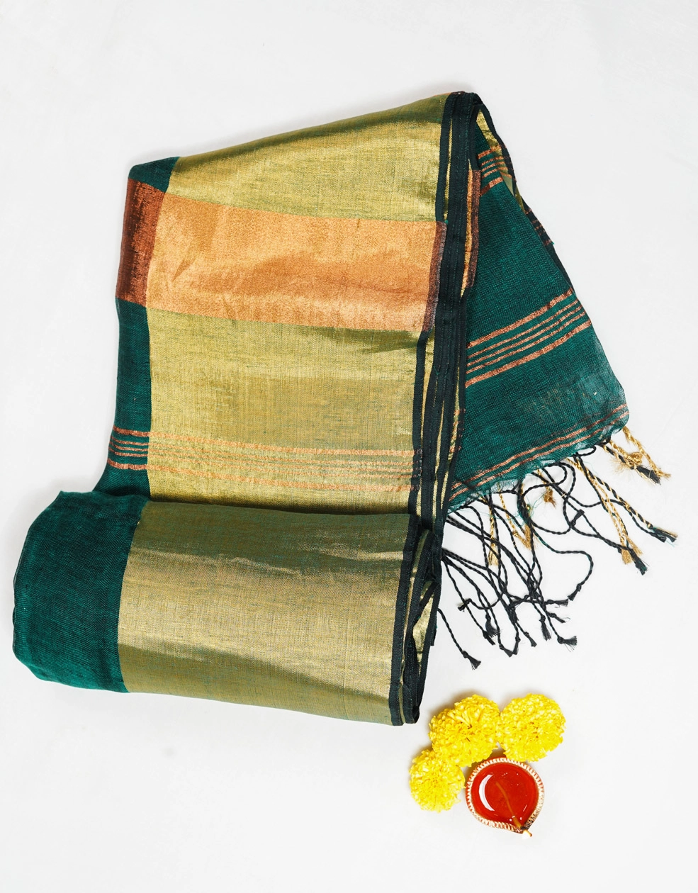 Green Teal Linen Saree With Handcrafted Tassels - View 5