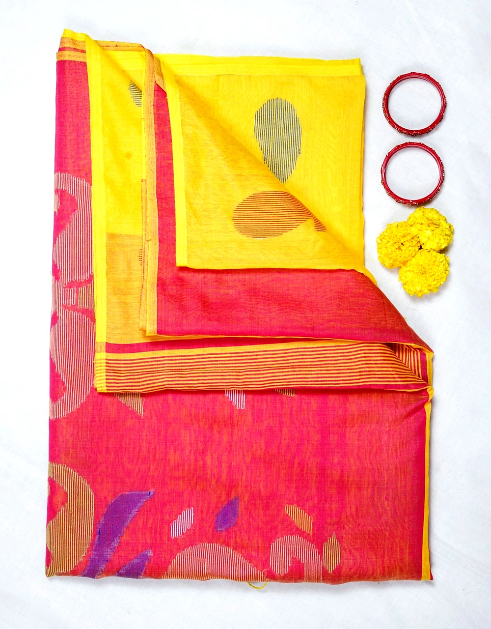 Yellow Sunshine Pure Cotton Saree With Pink Contrast Border - View 5