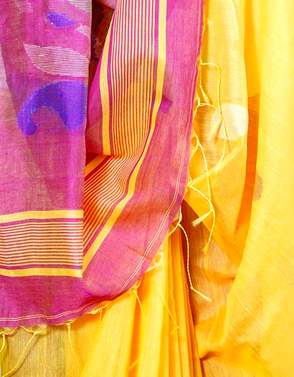Yellow Sunshine Pure Cotton Saree With Pink Contrast Border - View 3