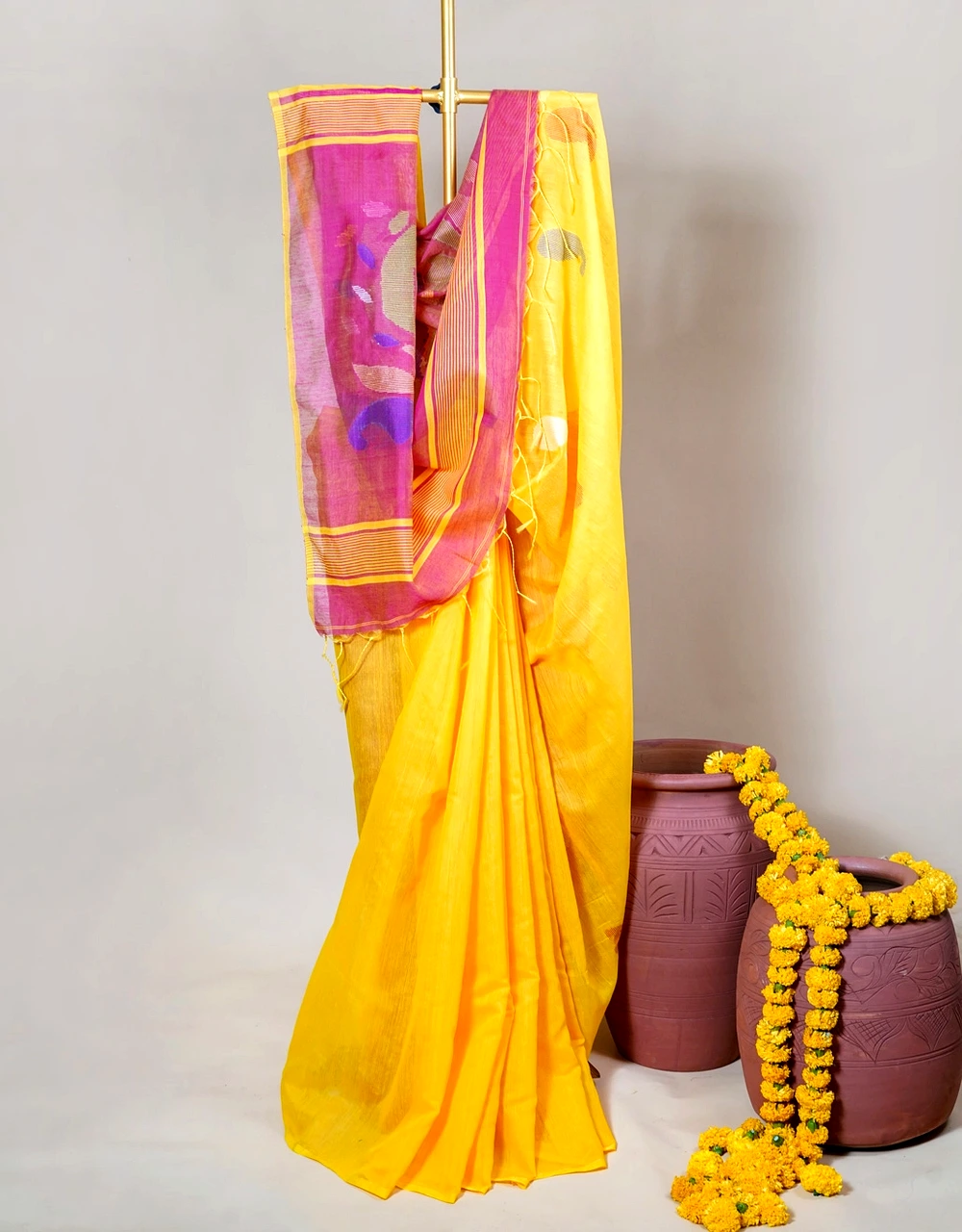 Yellow Sunshine Pure Cotton Saree With Pink Contrast Border