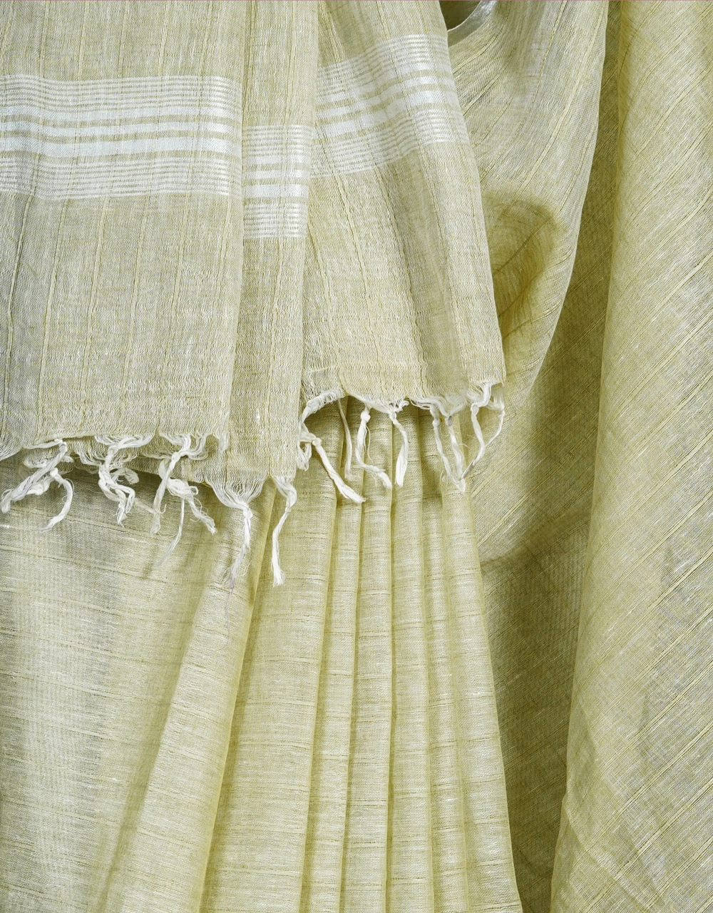 Green Pista With Silver Zari Border Pure Linen Handloom Saree - View 4