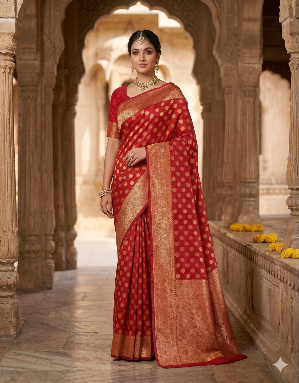 Red Radiance Cotton Zari Saree With All Over Booti And Traditional Border